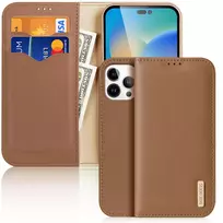 Dux Ducis Hivo Leather atverčiamas Genuine Leather Wallet for Cards and Documents Apple iPhone 14 Pro Max dėklas telefonui rudos spalvos