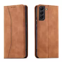 Magnet Fancy Samsung Galaxy S23 Plus atverčiamas su stoveliu dėklas telefonui rudos spalvos