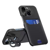 Leather Apple iPhone 14 card wallet su stoveliu dėklas telefonui juodos spalvos