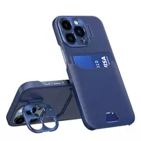 Leather Apple iPhone 14 Pro card wallet su stoveliu dėklas telefonui mėlynos spalvos