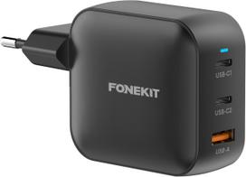 FoneKit GaN PD 100W AC charger, USB-C + USB-C + USB-A, black