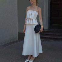 Balta klostuota suknelė be petnešėlių, vientisos spalvos, suspausta madinga liekninamoji moteriška paplūdimio atostogų paplūdimio elegantiška ilga suknelė S balta