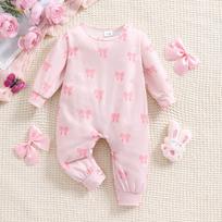 1-9 Months Baby Girl Lovely Bowknot Full Print Romper Casual Long Sleeve Jumpsuit 1-3M