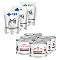 ROYAL CANIN Gastro Intestinal Kitten 6x195g skardinė + ENZO VET Žarnynas su ėriena padaže katėms 3x100g