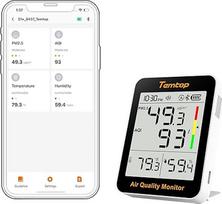 "Temtop Temtop S1+" oro kokybės matuoklis PM2.5, AQI, temperatūra ir drėgmė, itin ilgas 100 dienų baterijos veikimo laikas, termohidrometras su programėlės jungtimi, idealiai tinka namams ir biurui