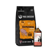 Paka Zwierzaka - Septintas dangus - Kiauliena su moliūgais L 9kg + Lab-V 100% lašišų aliejus įvairaus amžiaus šunims ir katėms 500ml šalto spaudimo