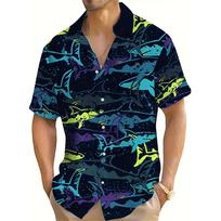 Men's short-sleeved shirt Ocean Overlord Cartoon Shark Pattern Printing Suitable for Summer Hawaiian Seaside Vacation Style Men' S