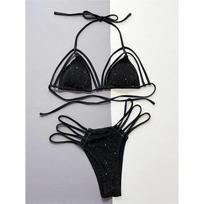 Blizgus Blizgučių Kaklą Laikantis Dirželiais Aukšto Kirpimo Bikini Moteriški Maudymosi Kostiumai Moteriškas Maudymosi Kostiumas Dviejų Dalių Bikini Rinkinys Maudymosi Kostiumas S juoda