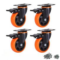 4 vnt. 4 colių didelio apkrovos baldų ratukai, pasukamas priekinis guminis ratas, lauko ratukai, išlaikantys 300 svarų (4 ratukai su stabdžiais) 4pcs oranžinė