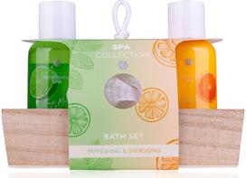 Vonios rinkinys SPA COLLECTION, medinėje dėžutėje: dušo želė, kūno losjonas, kem pinė, įv. rūšys.