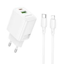 Borofone laidinis įkroviklis BN27 Fuente – USB + Type C – QC 3.0 PD 20W su Type C į Lightning kabeliu baltos spalvos