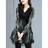Women's Spring Summer and Autumn Thin Section Plus Size V Neck Retro Printing Snow Shirt Loose Shirt 3XL juoda