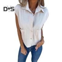 Women Shirt Turn-down Collar Short Sleeves Soft Breathable Pure Color Single-breasted Daily Wear Blouse Loose Shirt S chaki