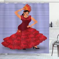 Spanish Shower Curtain,Flamenco Dancers Couple Performing in Historical Folk Dress Latino Tradition,Cloth Fabric Bath Screen Set W90xH180cm