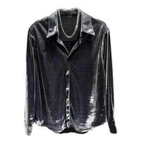 Yousheng Men Shirt Turn-down Collar Loose Glossy Surface Single-breasted Loose Long Sleeve Top Club Party Casual Formal Wear Shirt XL