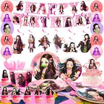 Nezuko gimtadienio dekoracijos, 117 vnt vakarėlio dekoracijų yra balionas Nezuko vakarėlio lėkštės servetėlės ​​ir tt Demon Anime gimtadienio dekoracijos rožinė