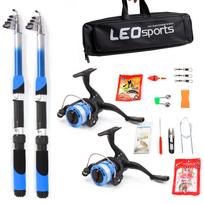 Meškerės ir ritės komplektas, pilnas rinkinys su 2 vnt. 2,1 m teleskopinėmis meškerėmis, 2 vnt. sukamomis ritėmis, žvejybai 2 Sets of Fishing Rod & Reel mėlyna