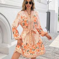 Elegant Vintage Floral Print Women's Dresses Fashion Lantern Sleeve A Line Casual Dress for Women Summer Lace-up High Waist V Neck Short Dress 26167 S geltonai žalia