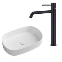 Pastatomas praustuvas Infinity Oval su maišytuvu praustuvui Imex Monza juodos matinės spalvos