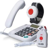 "MaxCom KXTSOS" senjorų telefonas su radijo avariniu siųstuvu, laidinis fiksuotojo ryšio telefonas su rankos ir apykaklės siųstuvu, dideliais mygtukais, adapterio kištuku, suderinamas su klausos aparatu