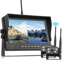 "Podofo" 2 belaidžių atbulinės eigos kamerų rinkinys su 9 colių IPS didelio ekrano monitoriumi, HD galinio vaizdo kameros sunkvežimių priekaboms, kemperiams, kemperiams, autobusams, fiksuojančios kilpą IP68 vandeniui atsparus BSD Dash Cam