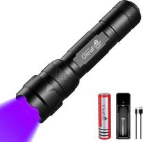 "UltraFire" UV LED žibintuvėlis su 395-405 nm juoda šviesa, priartinantis mini ultravioletinę lempą su 2600 mAh įkraunama baterija ir įkrovikliu, skirtas naminių gyvūnėlių šlapimo dėmėms, dervoms kietinti