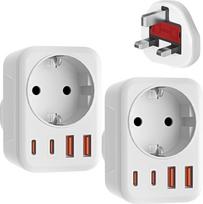 2 pakuotės kelionės adapterio JK adapteris Anglija Vokietija kištukas su 1 kintamosios srovės ir 2 USB-C ir 2 USB-A (3,4 A) - kelioninis G tipo kištukinis lizdas JK į DE ES kištukinį lizdą, skirtas Anglijai, Airijai, Maltai, Maldyvams ir kt.