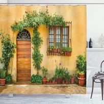 ABAKUHAUS Italija Dušo užuolaida, Toskanos miestas Gyvenimo audinys Audinys Audinys Vonios kambario dekoravimo rinkinys su kabliukais, 175 x 220 cm, abrikosų žalia ruda