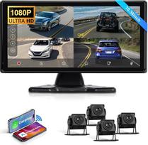 Hodozzy RV 4 atbulinės eigos kamerų sistema su belaidžiu "Carplay" "Android" automobiliu, 10,36 colių IPS "Bluetooth" jutiklinis ekranas, 1080P DVR su USB/TF kortele, IP68 vandeniui atspari naktinio matymo sistema, skirta RV sunkvežimio priekabai, autobus