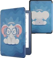 kwmobile Flip Case Compatible with Amazon Kindle (2022/2024) Case - eReader Case - Cute Elephant Light Blue Dark Blue Grey