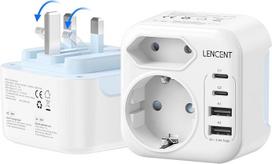 LENCENT kelioninis adapteris UK Germany Plug Adapter Type G Sulankstomas kelioninis kištukas su 2 USB-C ir 2 USB-A prievadais, skirtas Anglijai, Jungtinei Karalystei, Škotijai, Airijai, Maldyvams