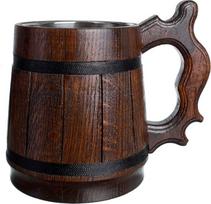 Rankų darbo alaus puodelis Ąžuolo medienos nerūdijančio plieno taurė Natūralus ekologiškas medinis bokalas 0,6L 20oz Classic Brown (Retro 20 oz / 0,6l)