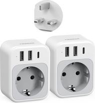 TESSAN Adapteris Anglija Vokietija kištukas, 2 dalys, 4 in 1 lizdo adapteris Anglijoje su 1 USB C ir 2 USB A, 3250 W JK adapteris, kelioninis adapteris JK, skirtas Airijai Maltai Škotijai, G tipo kelioninis adapteris