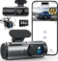 WOLFANG Dash Cam Automobilinė priekinė galinė 4K WiFi Dash Cam su 32GB SD kortele, ypač naktinis matymas, 170° platus kampas, WDR, 24 valandų stovėjimo režimas, G jutiklis, įrašymas kilpa