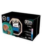 SHEBA Classics Žuvies skonio 8x85 g terine su lašiša, balta žuvimi ir morkomis, tunu ir daržovėmis, menke