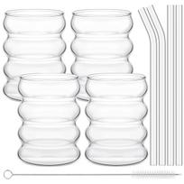 Leeseph 4Pcs Creative Glass Cups Coffee Mug Vintage Drinking Glasses Ribbed Glassware Aesthetic Cups with Straws Set (300ml) 300 skaidri