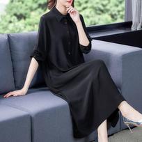 Elegantiška laisva juoda šilkinė vasarinė suknelė, aukštos kokybės ilgas sijonas iš lengvo audinio su pilvą dengiančiu dizainu L juoda