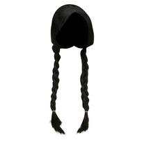 Trečiadienis Addams Cosplay perukas, Addams Cosplay sintetinės ilgos juodos kasos plaukai su kutais Helovino Cosplay vakarėliui juoda