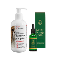 OVER ZOO Šampūnas ilgaplaukiams šunims 250ml + LAB-V Omega 3 ir 6 riebalų rūgštys bendrai šunų ir kačių sveikatos, kailio ir odos būklei gerinti 100ml