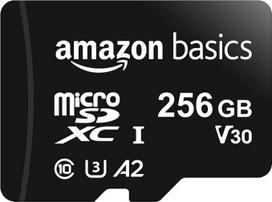 "Amazon Basics" MicroSDXC, 256GB, su SD adapteriu, A2, U3, pralaidumas iki 100MB/s, juodos spalvos