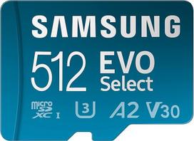 "Samsung EVO Select" (2024) microSD kortelė + SD adapteris, 512GB, atminties kortelė išmaniesiems telefonams ir planšetiniams kompiuteriams, UHS-I U3, 4K UHD, Full HD, 160MB/s skaitymo greitis, MB-ME512SA/EU