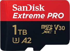 "SanDisk Extreme PRO microSDXC UHS-I" 1 TB atminties kortelė + adapteris ir "RescuePRO Deluxe" (skirta išmaniesiems telefonams, veiksmo kameroms arba dronams, A2, 10 klasė, V30, U3, 200MB/s duomenų perdavimas)
