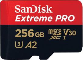 "SanDisk Extreme PRO microSDXC UHS-I" atminties kortelė 256GB + adapteris ir "RescuePRO Deluxe" (skirta išmaniesiems telefonams, veiksmo kameroms arba dronams, A2, 10 klasė, V30, U3, 200MB/s perkėlimas)
