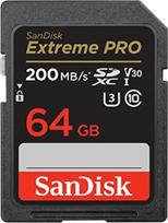 "SanDisk Extreme PRO SDXC UHS-I" 64GB atminties kortelė (V30, 200MB/s perdavimo greitis, U3, 4K UHD vaizdo įrašai, "SanDisk QuickFlow" technologija, atspari temperatūrai).