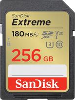 "SanDisk Extreme SDXC UHS-I" 256GB atminties kortelė (V30, 180MB/s perdavimas, U3, 4K UHD vaizdo įrašai, "SanDisk QuickFlow" technologija, atspari vandeniui, smūgiams, temperatūrai)