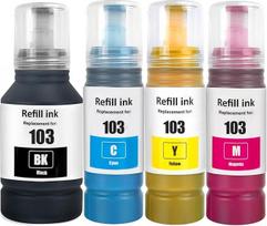 LCL 103 rašalo buteliukas, suderinamas su "Epson EcoTank" L1110 L1210 L1210 L1250 L3100 L3101 L3110 L3111 L3150 L3151 L3156 L3160 L3210 L3211 L3213250 L3251 L3256 L3260 L3266 (4 pakuotės, juoda žydra, geltona, purpurinė)