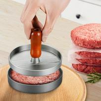 Burgerių presas, mėsainių paplotėlių gaminimo įrankis, nerūdijančio plieno, medine rankena, nelipnus, su 100 paplotėlių popierėlių pilka