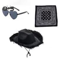 3 vnt./rinkinys Kaubojo skrybėlės rinkinys Moterims Rožinė Vakarų veltinė Kaubojės skrybėlė su bandana Akiniai Aksesuarai Galvos apdangalai F