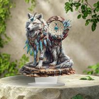Didysis baltasis vilkas ir sapnų gaudyklė svetainei, biurui, stalviršiui, akrilinis dekoratyvinis papuošalas pakabukas 20*25cm