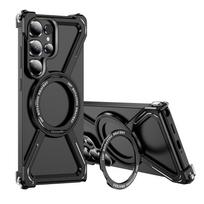 Natūralaus titano dėklas iPhone 16 Pro Max berėmis su stovu, 360° besisukantis magnetinis atlenkiamas žiedas, apsauginis smūgiams atsparus dangtelis iPhone 15 14 13 Samsung Galaxy S24 Ultra juoda